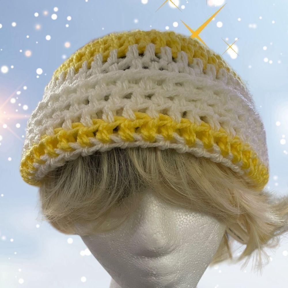 YELLOW N WHITE HANDCRAFTED BEANIE SLOUCH OR FITTED